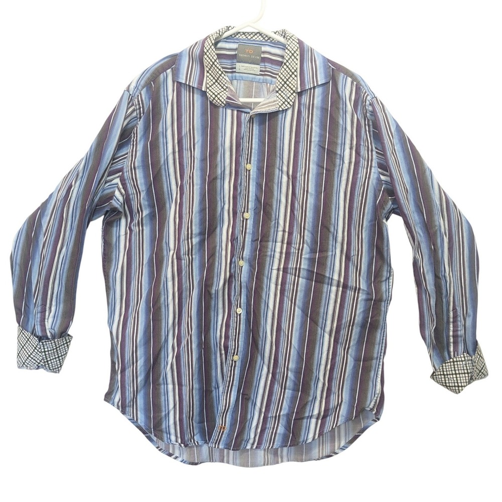 Thomas Dean Mens L Blue Purple Striped‎ Button Up Shirt Cotton Long Sleeve